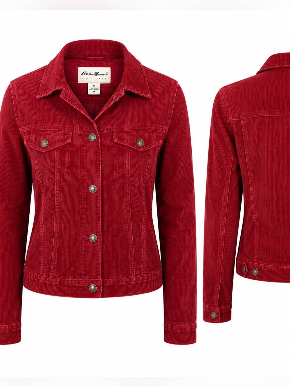 Eddie Bauer Women’s Medium Red Corduroy Trucker Jacket 100% Cotton Button Front